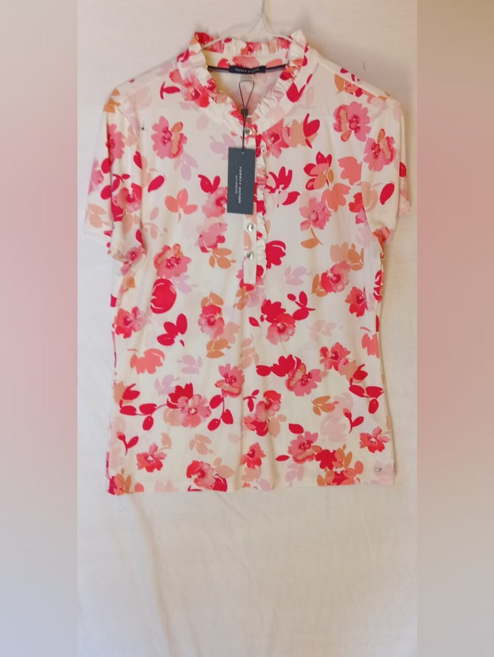 Tommy Floral Pink Short-Sleeve Ruffle Neck Top Womens Medium